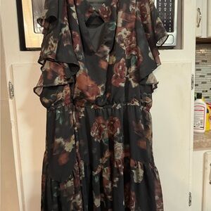 “Dark Roses” Floral Ruffle Sleeve Dress